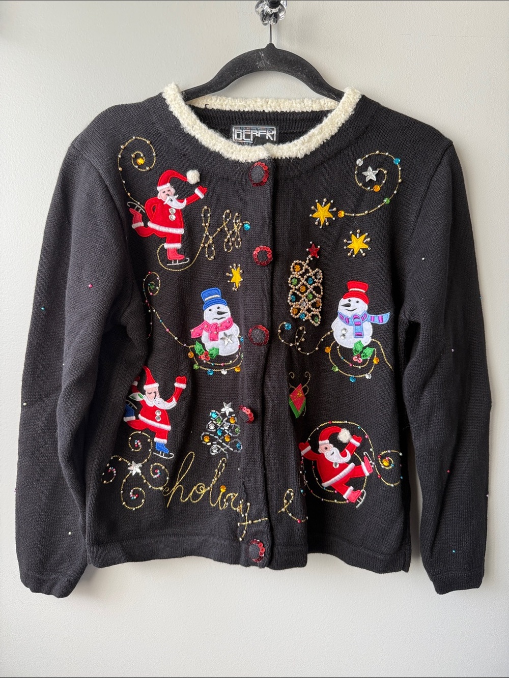 Beher Black beaded Holiday Embellished Cardigan Sweater Santa snowmen sequins